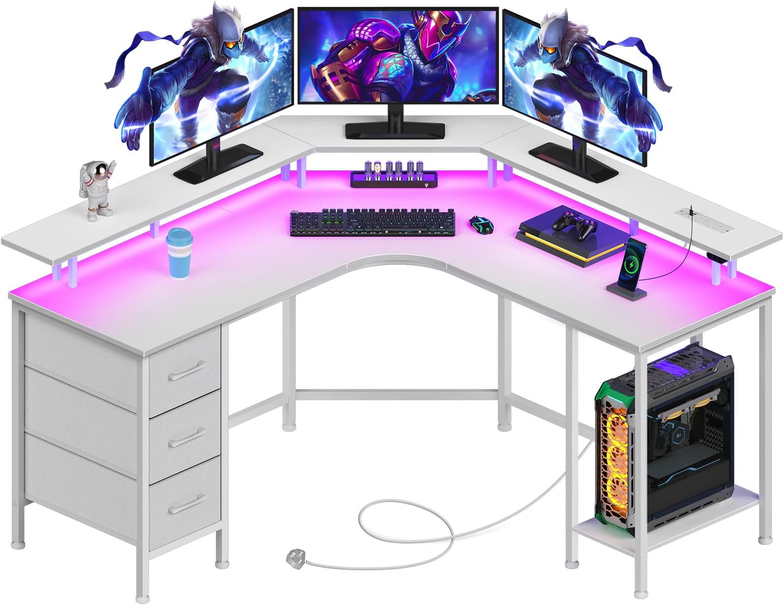 L-Shaped Gaming Desk, Corner Computer Desk with LED Lights & Power Outlets, 3 Fabric Drawers & Storage Shelf, Writing Table for Home Office, PC Gaming (White, 135 x135 x 88cm)