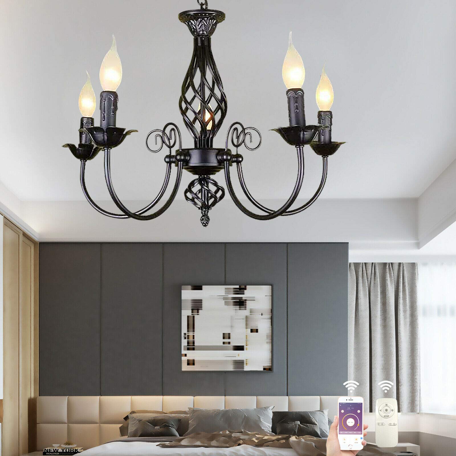 Lampadario classico rétro, in ferro, a 5 bracci, E27, per illuminazione interna, per soggiorno, camera da letto, cucina, in nero