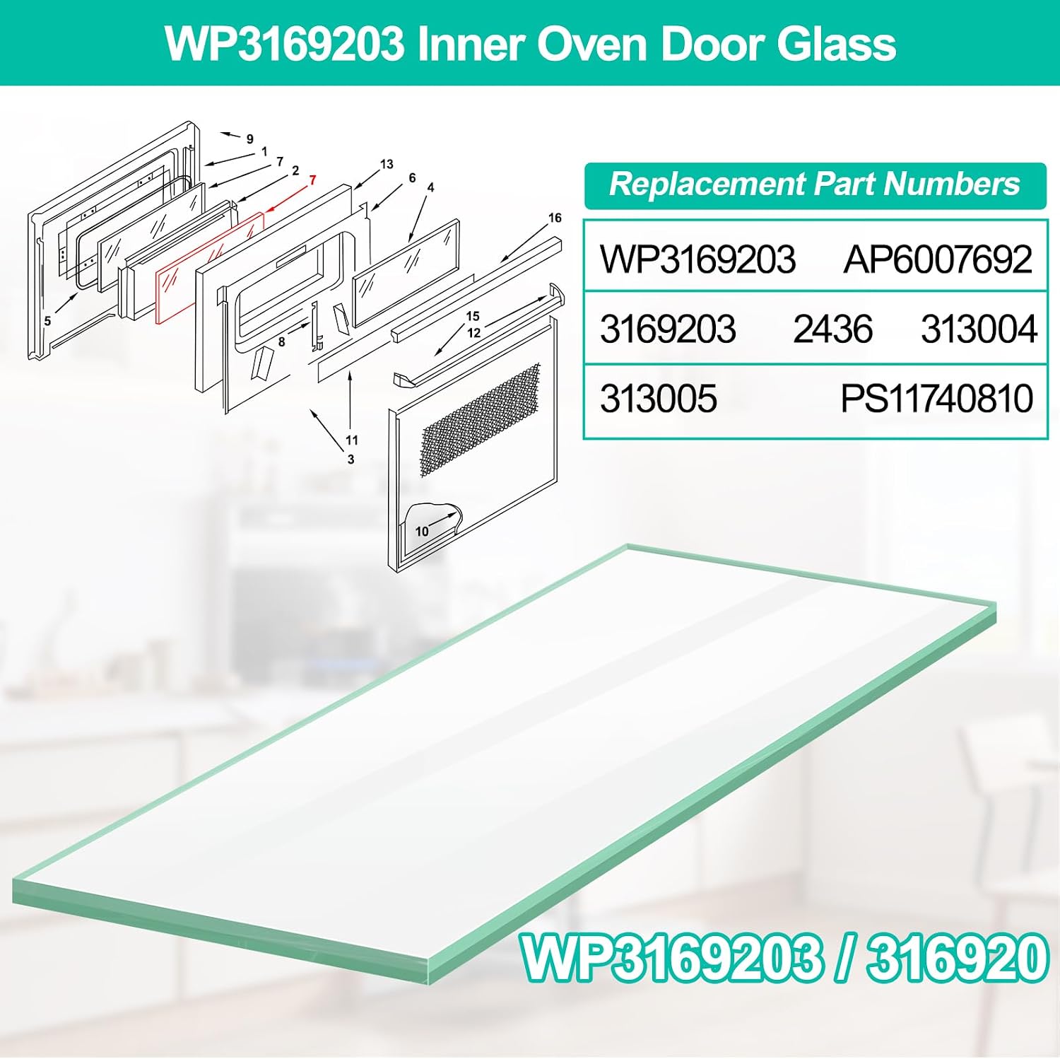 Upgraded WP3169203 Oven Inner Door Glass Replacement Compatible with Whirlpool KitchenAid Oven Door Glass for Range Wall Oven, 18.18" x 6.7" Oven Inner Glass Replace Parts 3169203 AP6007692 PS11740810