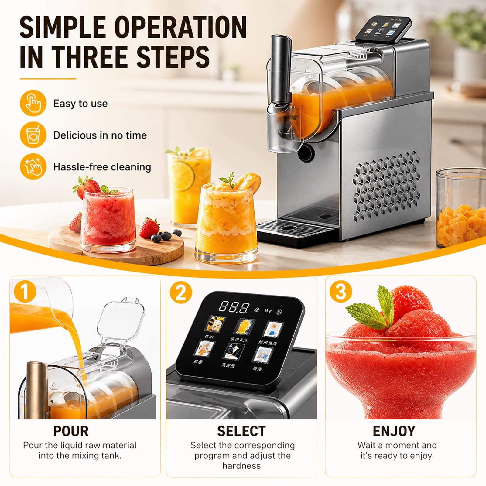 Macchina per Granite per Casa, Granita Macchina 2.3L con 6 Programmi Preimpostati, Modalità Doppia Granite e Soft Serve, Auto-Pulente per Uso Domestico e Piccoli Negozi