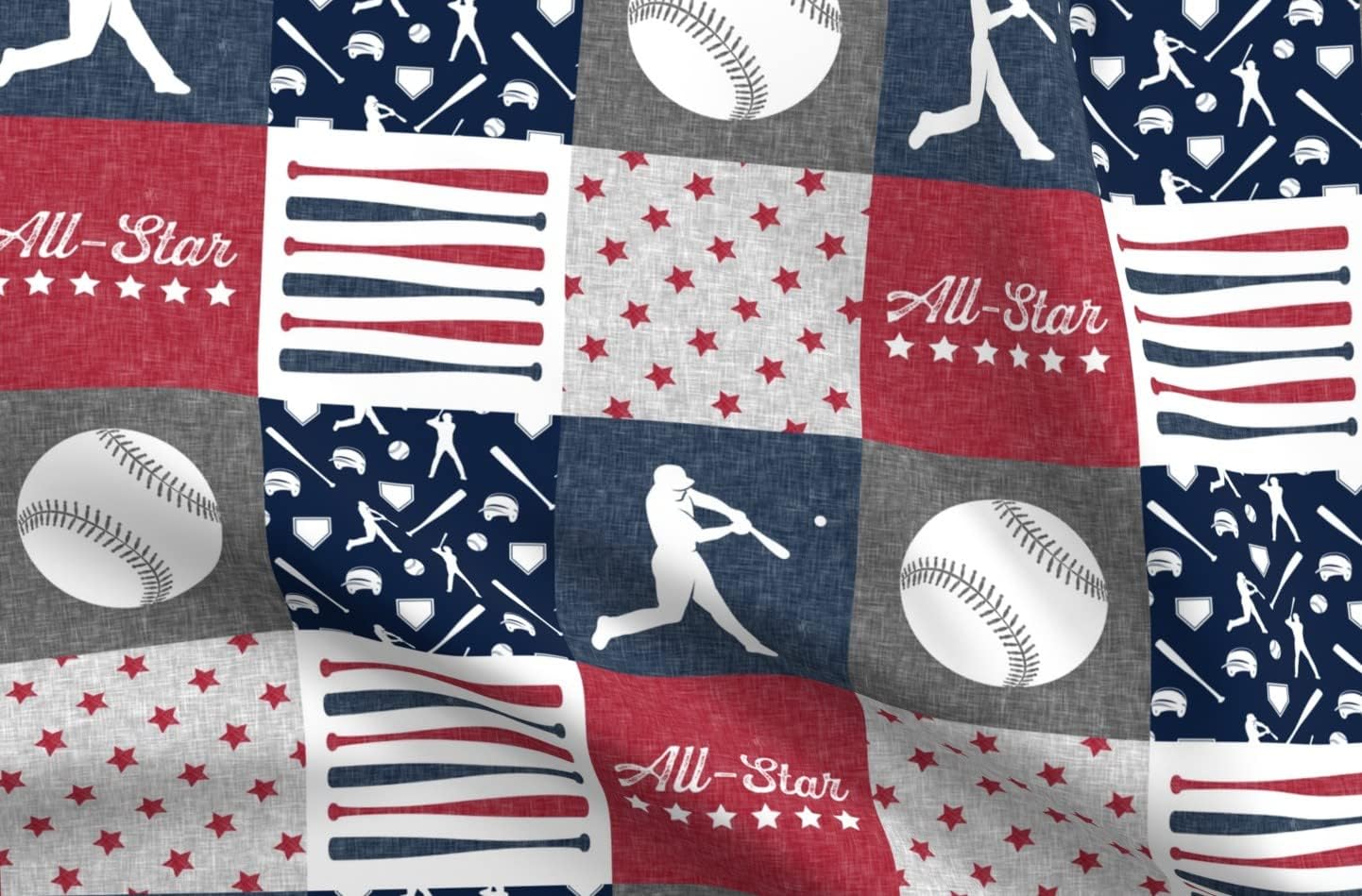 Spoonflower Fabric - Baseball Patchwork Sports Red White Blue Wholecloth Quilt Topper Printed on Minky Fabric by The Yard - Sewing Baby Blankets Quilt Backing Plush