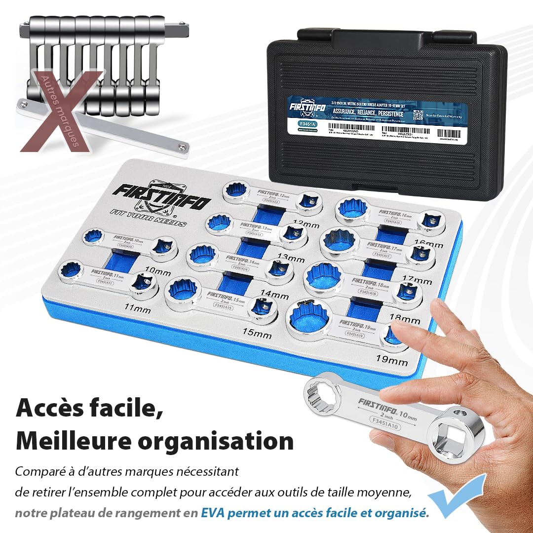 FIRSTINFO Jeu d'Adaptateurs de Couple 3/8 Pouce, 10 Pièces Métriques 10-19 mm, Clés à Œil 12 Pans en Acier Chrome-Vanadium avec Coffret EVA F3451A