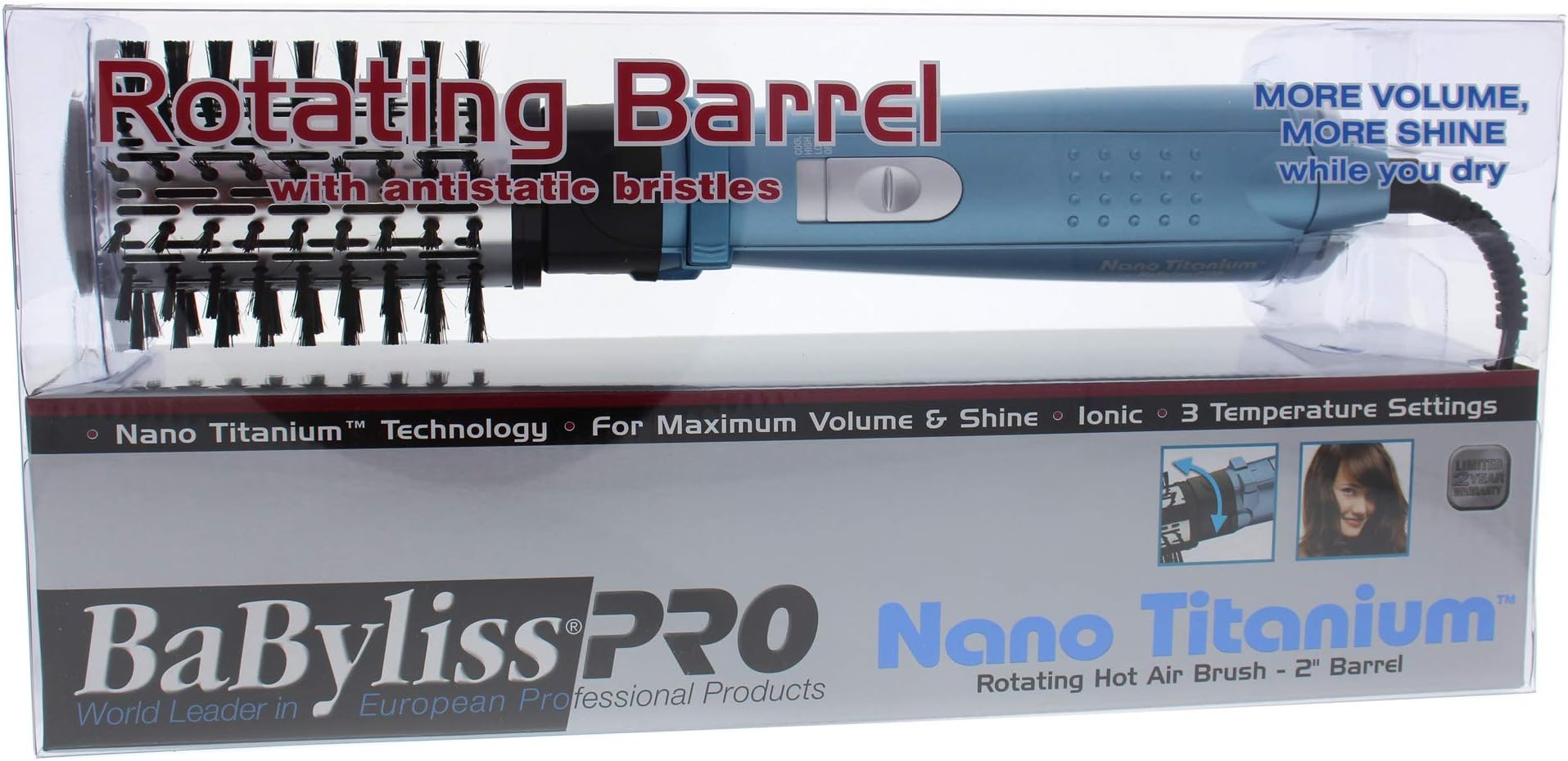 BaBylissPRO Nano Titanium Rotating Hot Air Brush, Blue, 2 Inch (Pack of 1)