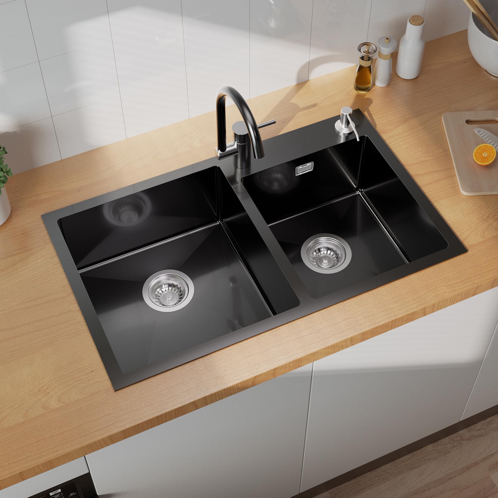 CECIPA Évier Cuisine 2 Bacs Inox 78 * 43 cm, Évier Inox Montage à Encastrer avec Distributeur de Savon, en Siphon et Trop-Plein, pour Caissons de 80 cm de Large Min