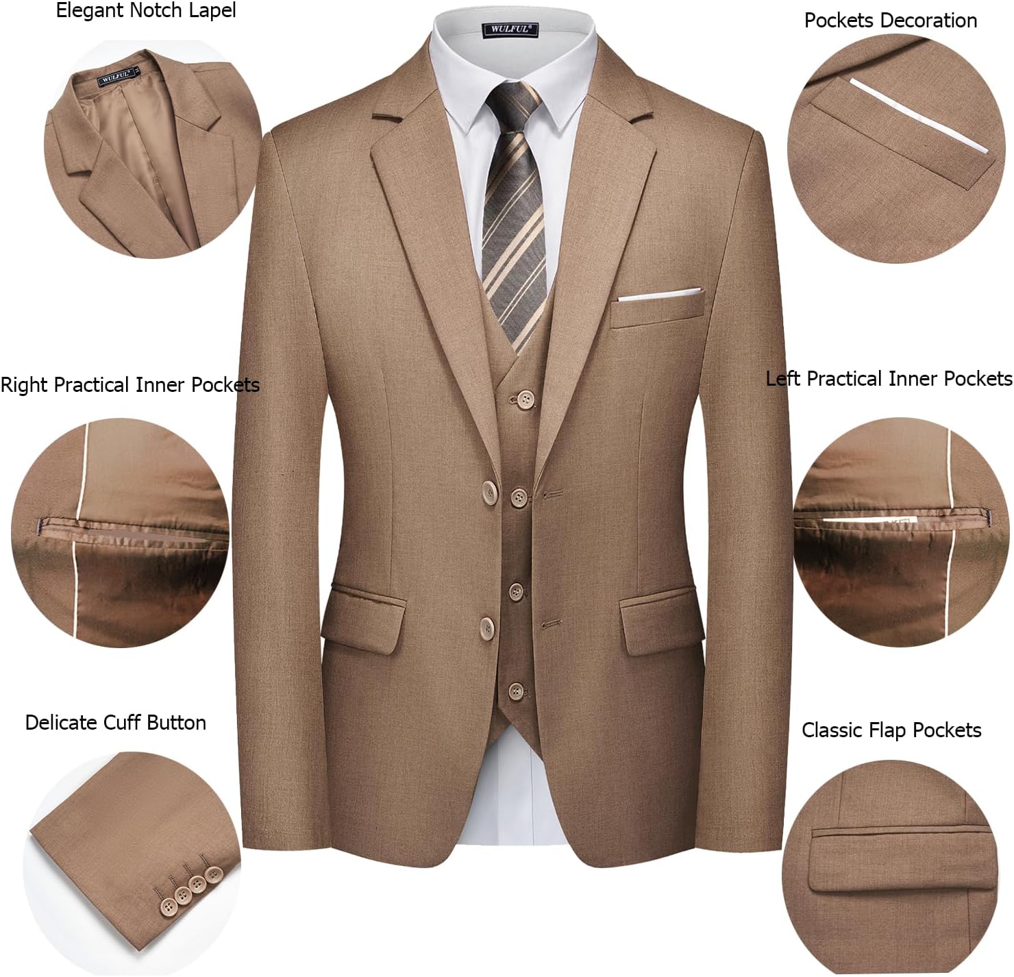 WULFUL Men's 3 Piece Slim Fit Suit Set Two Button Blazer Jacket Vest Pants... - Picture 39 of 95
