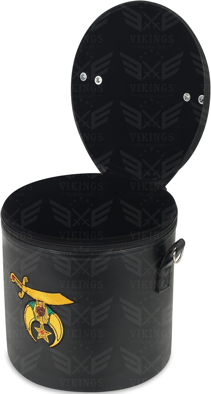 Shriner Masonic Fez Case with Embroidered Emblem, Black Faux Leather Hat Case, Velvet Lined Interior, Rigid Structure, Carry Handle & Shoulder Strap, 9 x 9 x 8 Inch
