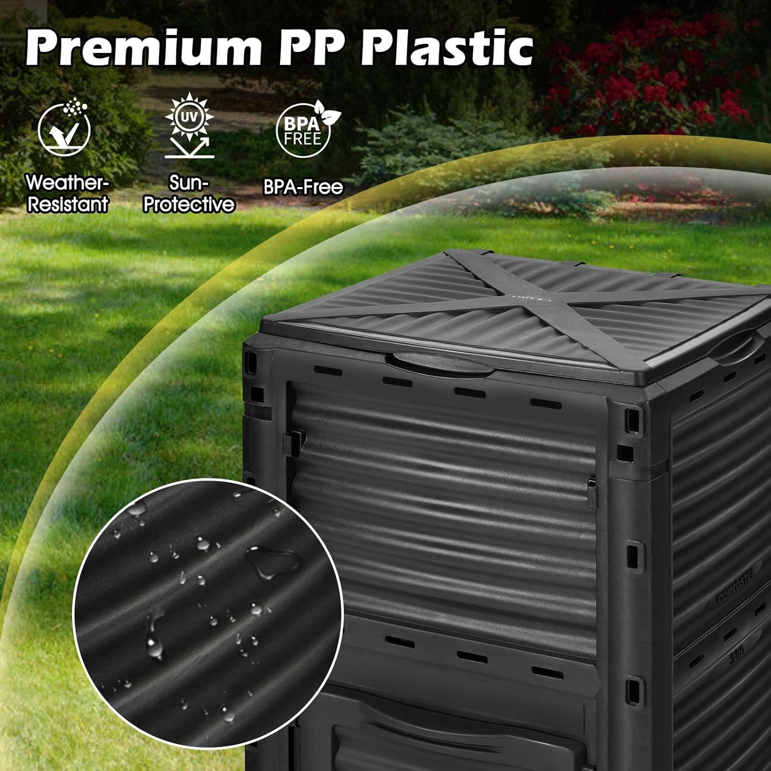 Happygrill Outdoor Compost Bin, Composting Box w/Top Flip Latch-on Lid,80 Gallons Composter for Kitchen Waste & Garden Scraps, Compost Barrel for Fast Creation of Fertile Soil (Black)
