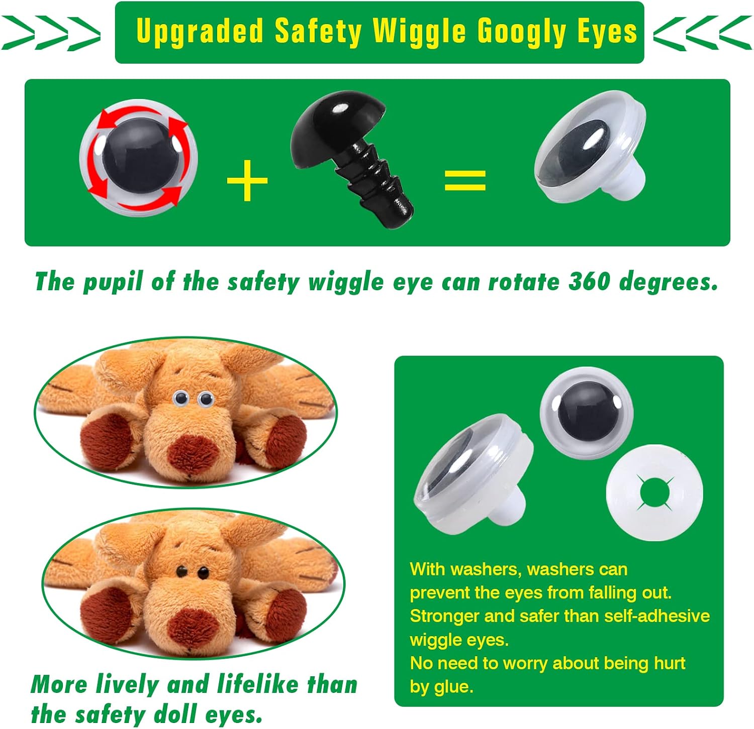 TOAOB 50pcs Black Wiggle Googly Eyes Plastic Safety Eyes 18mm Round Craft Eyes with Washers for DIY Arts Crafts Stuffed Animals Amigurumis Bears Dolls Making