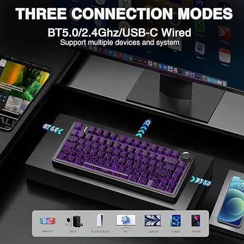 Miniatura 3 de AULA Teclado mecánico inalámbrico F75 Pro con perilla, 75% teclados personalizados intercambiables en caliente, retroiluminación RGB, interruptores