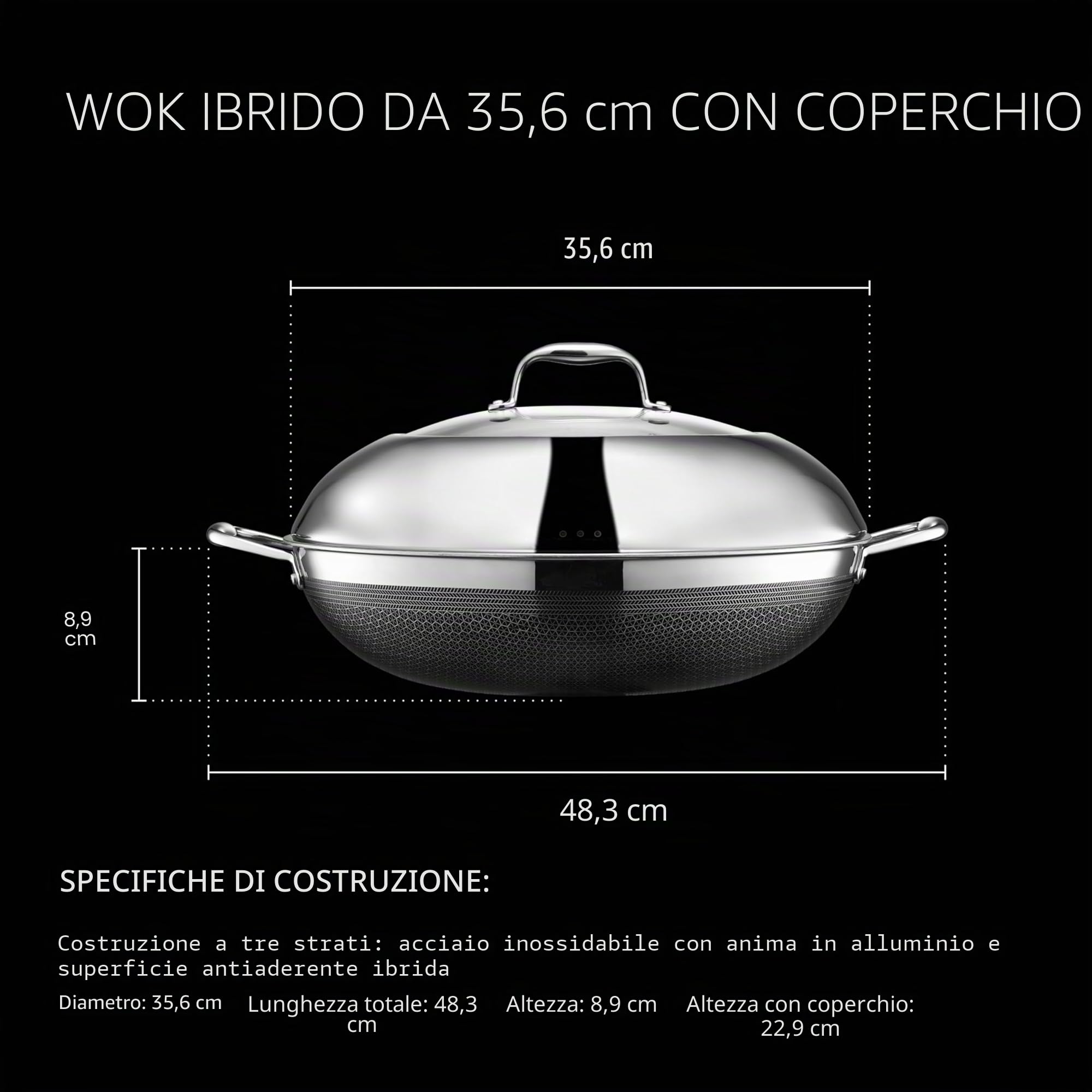 HexClad Wok ibrido antiaderente 35 cm con coperchio in acciaio, lavabile in lavastoviglie e utilizzabile in forno, adatto a induzione, compatibile con tutti i piani cottura