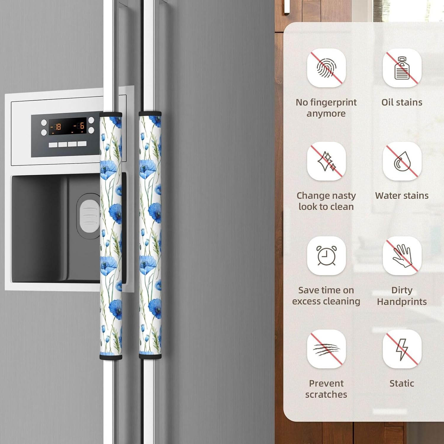 4 PCS Blue Poppies Green Leaves Refrigerator Door Handle Covers Kitchen Appliances Gloves for Microwave Dishwasher Fridge Door Cloth Protector Covers