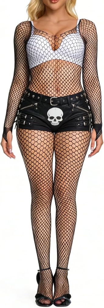 See Through Stretch Honeycomb Netting One Piece Jumpsuit for Women, Hexagonal Mesh Bodysuit Rave Outfits for Club Party