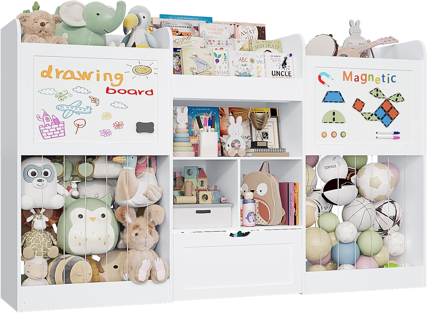 70.8"W Kids Bookshelf with Stuffed Animal Storage, Toy Storage Organizer