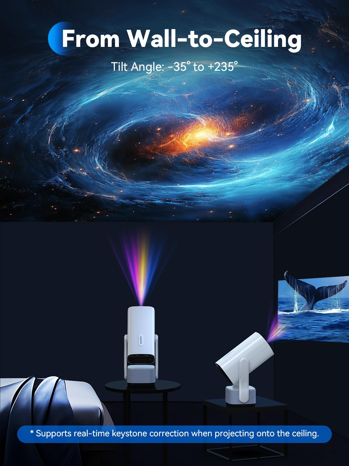 Mini Proyector Portátil 4K Supote - SOOMFON Smart TV Proyector 720P Nativo 260 Lumens 270° Rotation WiFi y Bluetooth Videoproyector para HDMI/TV Stick/USB/PS5/Laptop