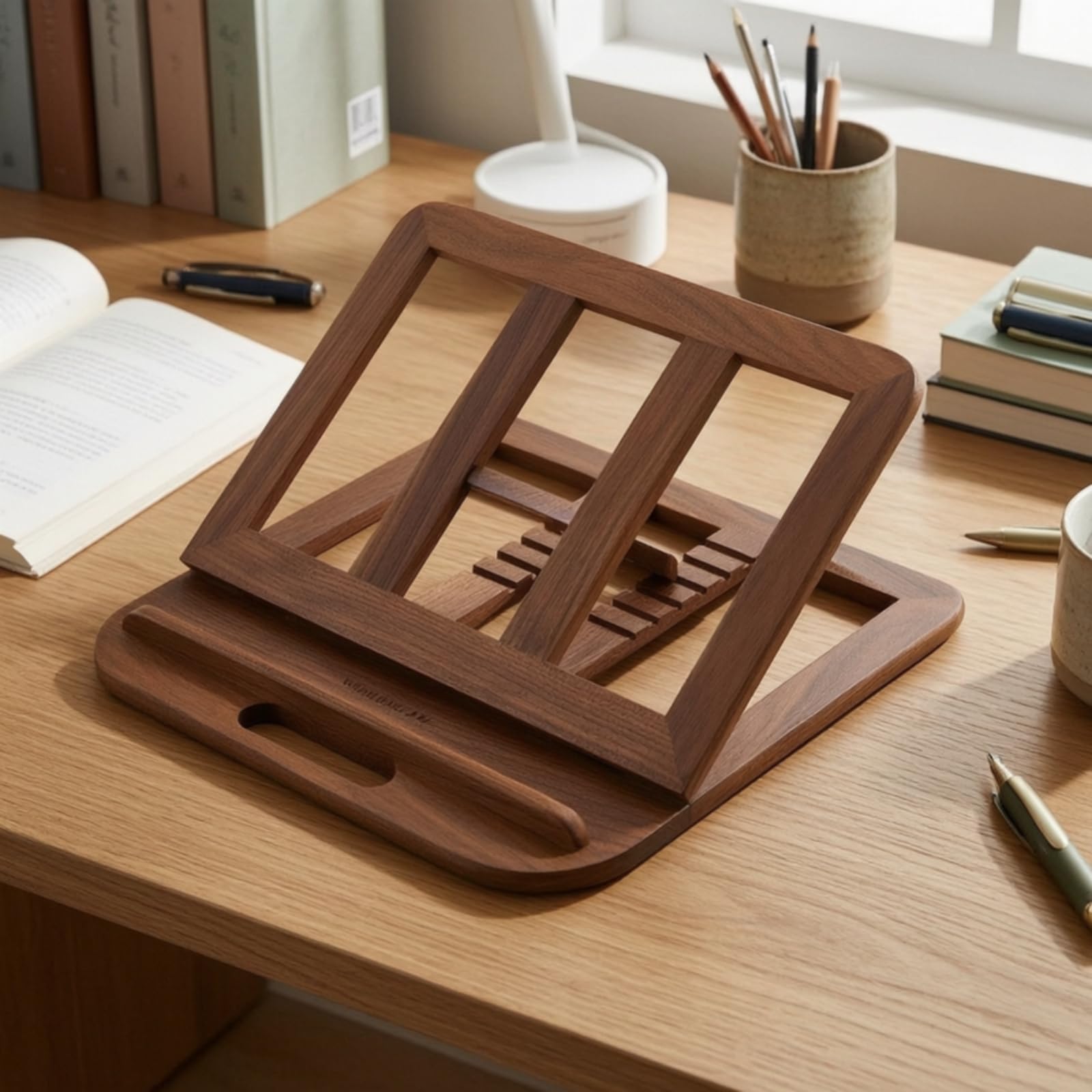 Soporte Portátil para Portátil Elevador Base Atril Soporte Ajustable de Madera de Pino con Ángulos Regulables y Bandeja Asa Ranurada Adecuado para, Soporte De Nogal 28x28x1.8cm