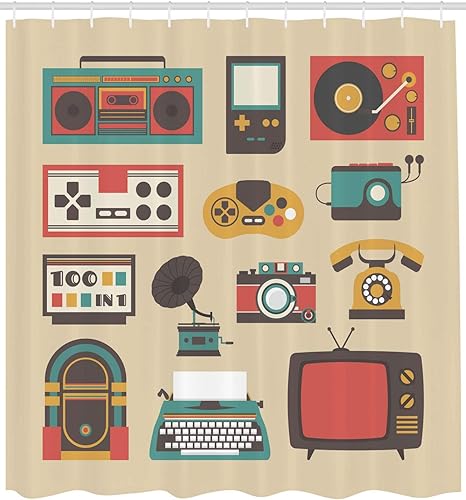 Lunarable Retro Shower Curtain, Arrangement of Old Fashion Entertainment Devices Gameboy Walkman Radio Illustration, Cloth Fabric Bathroom Decor Set
