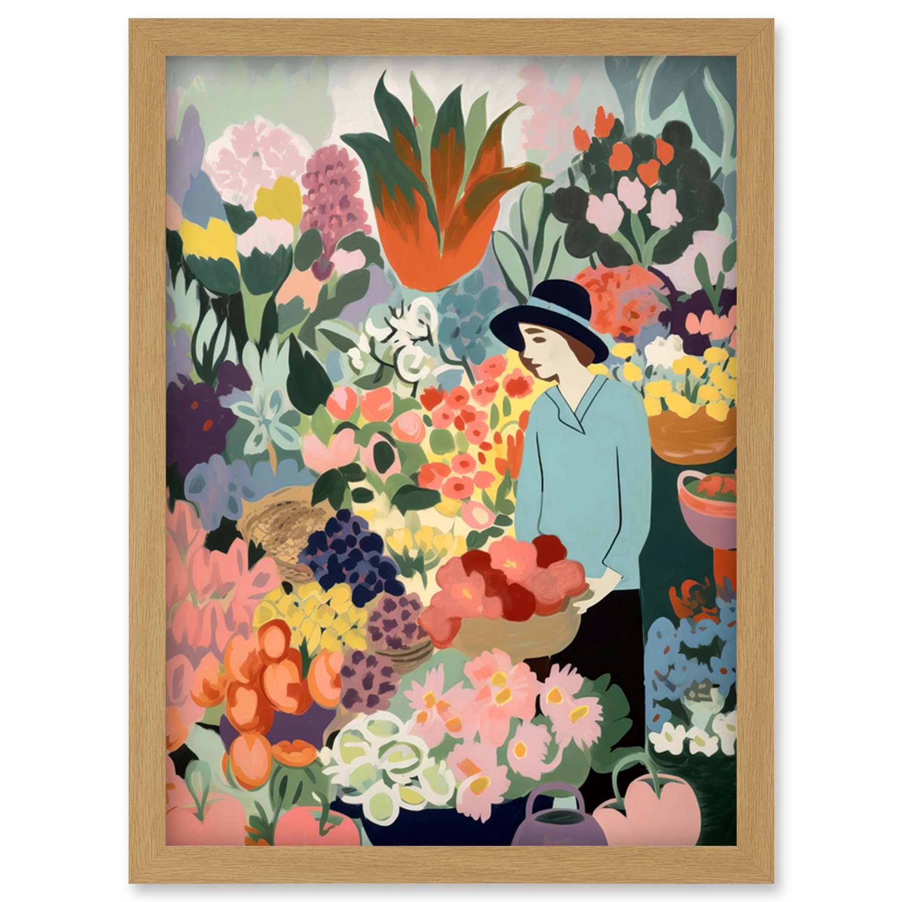 Artery8 Danish Pastel Aesthetic Flower Market Watercolour Painting Woman Bouquet Artwork Framed Wall Art Print A4