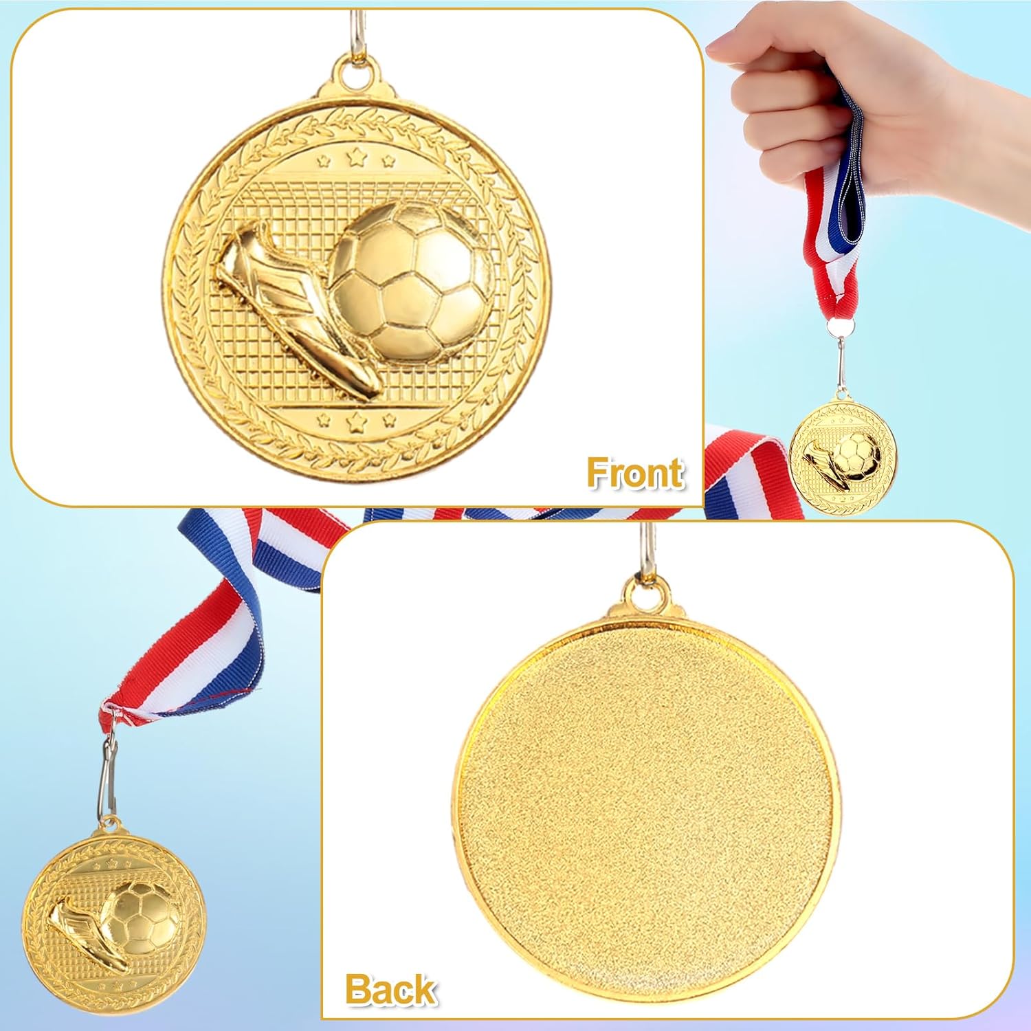 Yinkin 30 Pcs Football Soccer Award Medals Bulk Gold Trophy Medal with Neck Ribbons Metal First Place Award Winner Prize Gift for Sports Match Competition Teams(Soccer)