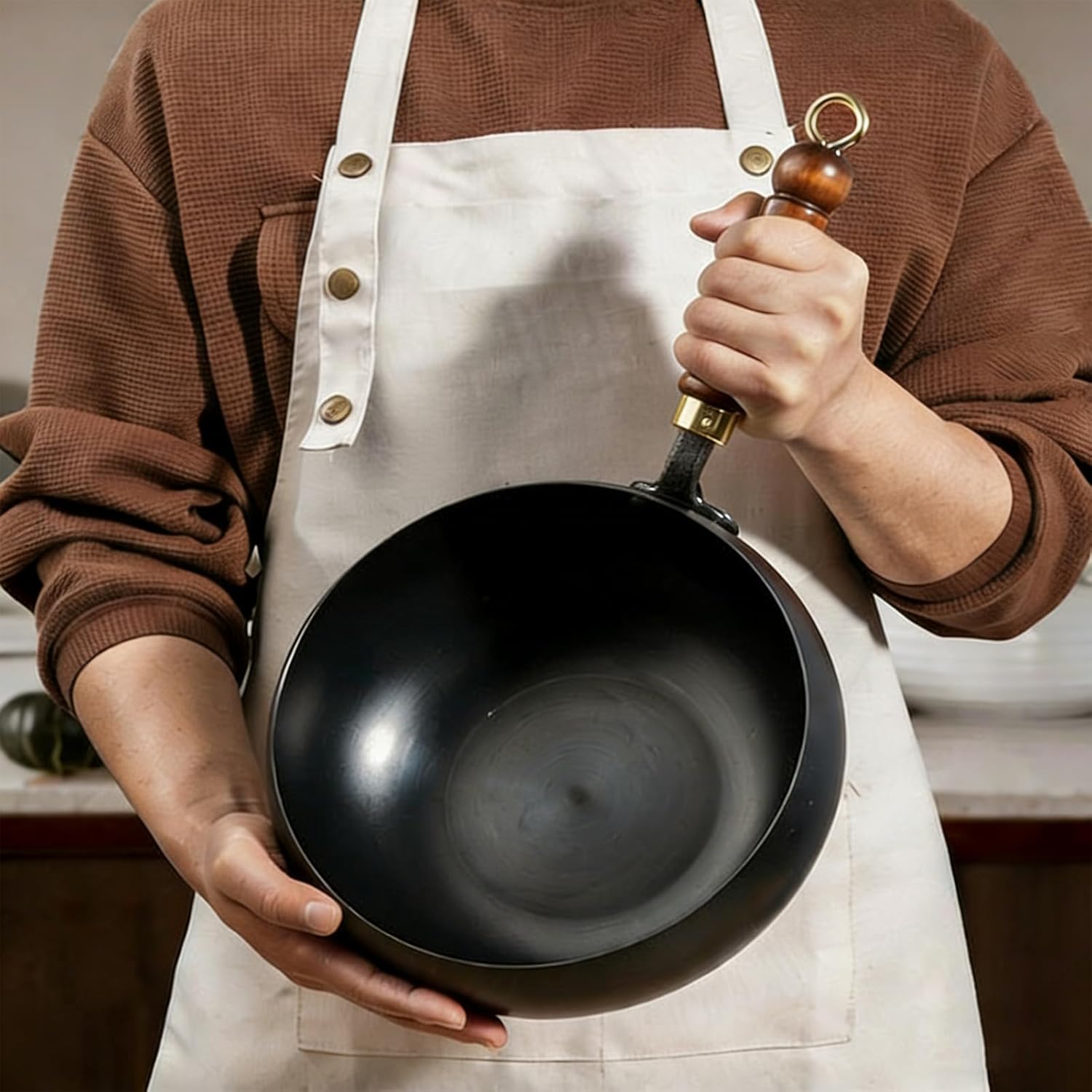 Traditional Forged Big-Belly Pot Hand-Hammered Japanese Wok Large Wok With Lid Multifunctional Non-Stick Cast Irons Wok With Lid Cooking Wok Includes Wooden Spatula (Wooden lid,Diameter11in)