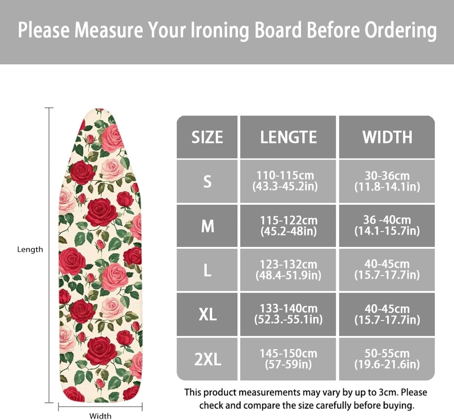 Padded Ironing Board Covers 18 X 49 Rose Deep Red Ironing Board Pad and Cover Thick Replacement Drawstring Tightening & Lock, Easy Fit, Scorch & Stain Resistant, Non Slip
