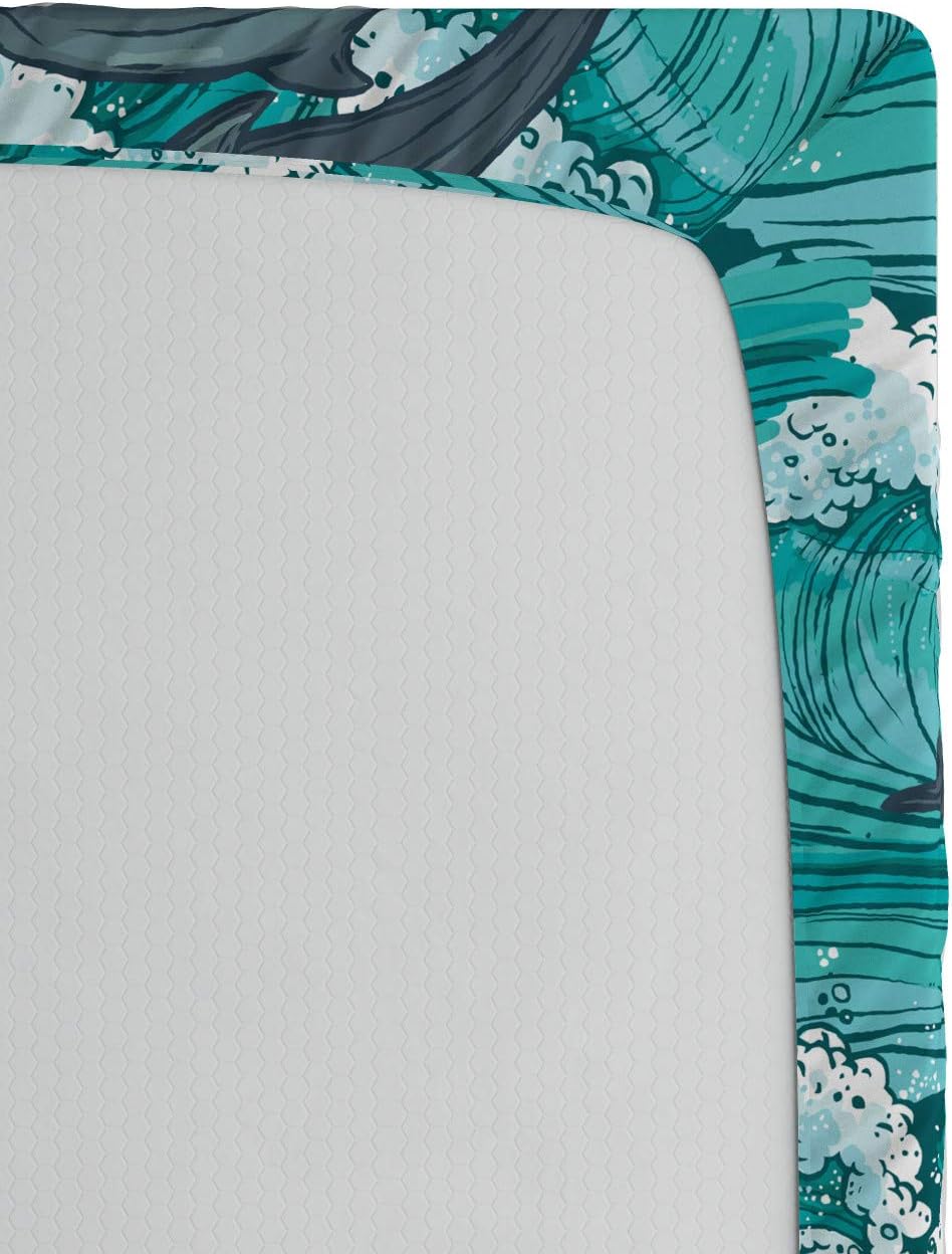 Ambesonne Sea Animals Fitted Sheet, Wavy Ocean with Dolphins Windy Surfing Doodle Style Art Print, Bed Cover with All-Round Elastic Deep Pocket for Comfort, Queen Size, Charcoal Grey Teal White