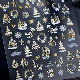 1 Sheet Christmas Nail Art Stickers Glitter Christmas Tree Nail Decals with Bow Star Castle Garland Design Gold Nail Stickers 5D Embossed Self Adhesive Nail Supplies for Winter Manicure Decorations
