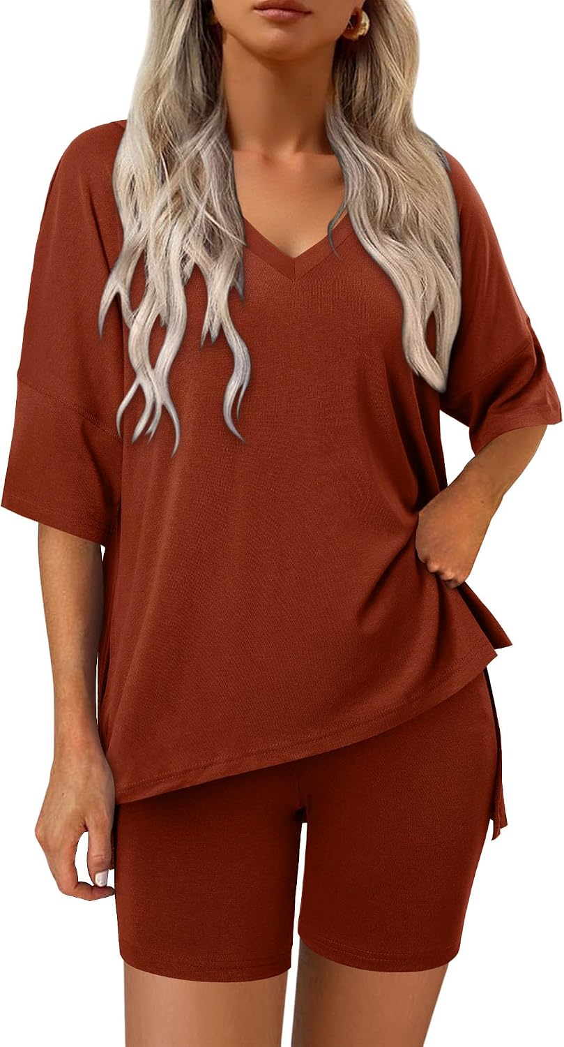 Magritta Women Two Piece Lounge Set Summer Casual Loose Fit Shirts Elastic Waist Biker Shorts Matching Airport Travel Outfit