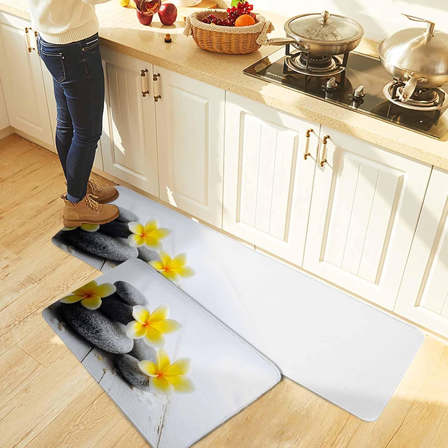 Yellow Egg Flowers Kitchen Rugs and Mats Set of 2, Non-Slip Kitchen Sink Mat, Plumeria Floral Stone Country Washable Doormat Bathroom Rugs Runner for Bedroom/Living Room 19.7"x31.5"+19.7"x47.2"