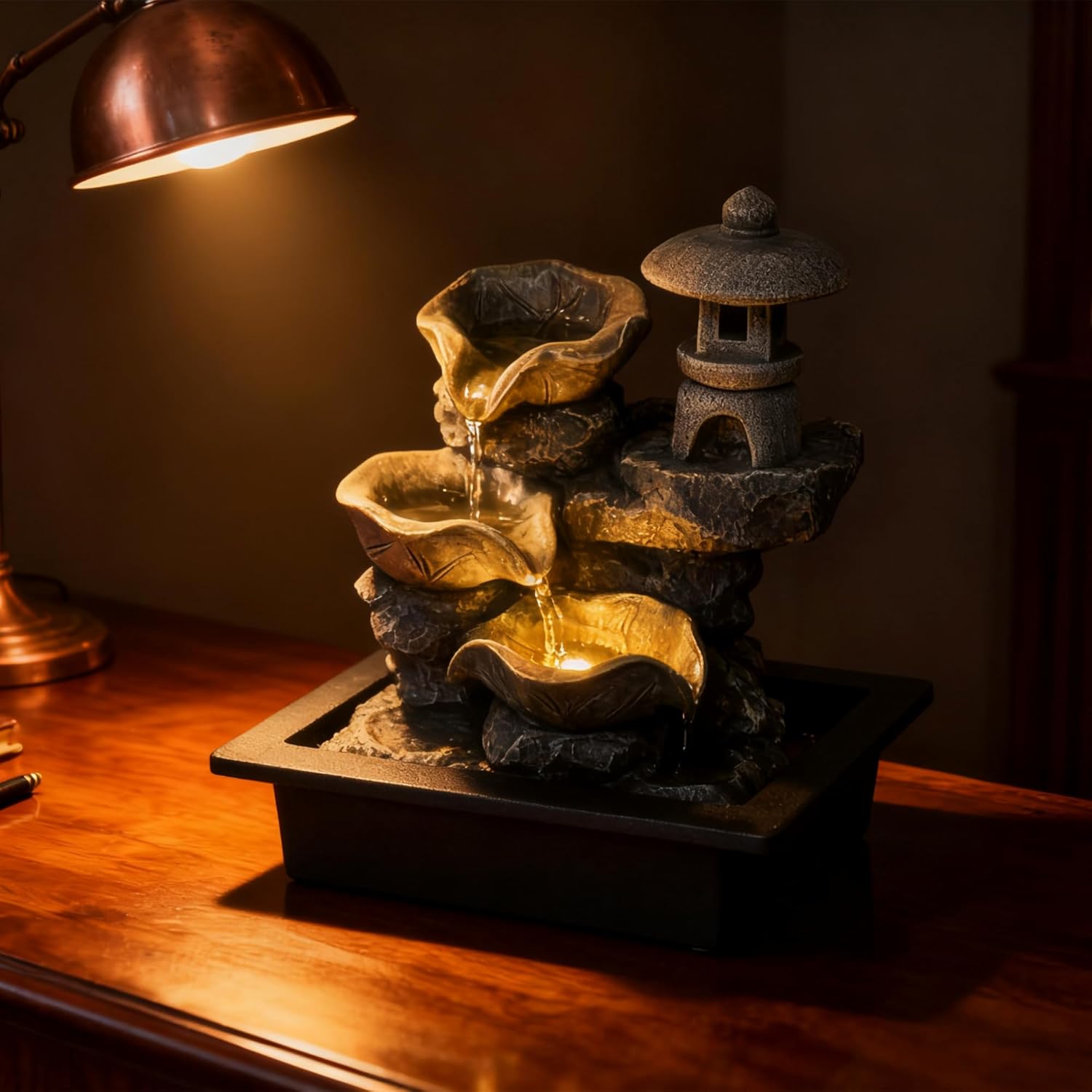 Indoor Tabletop Waterfall Fountain with Rock Pagoda & Lotus Leaf, Design for Home Office Desk Decor, Soothing Zen Water Feature with Warm Light for Relaxation & Meditation