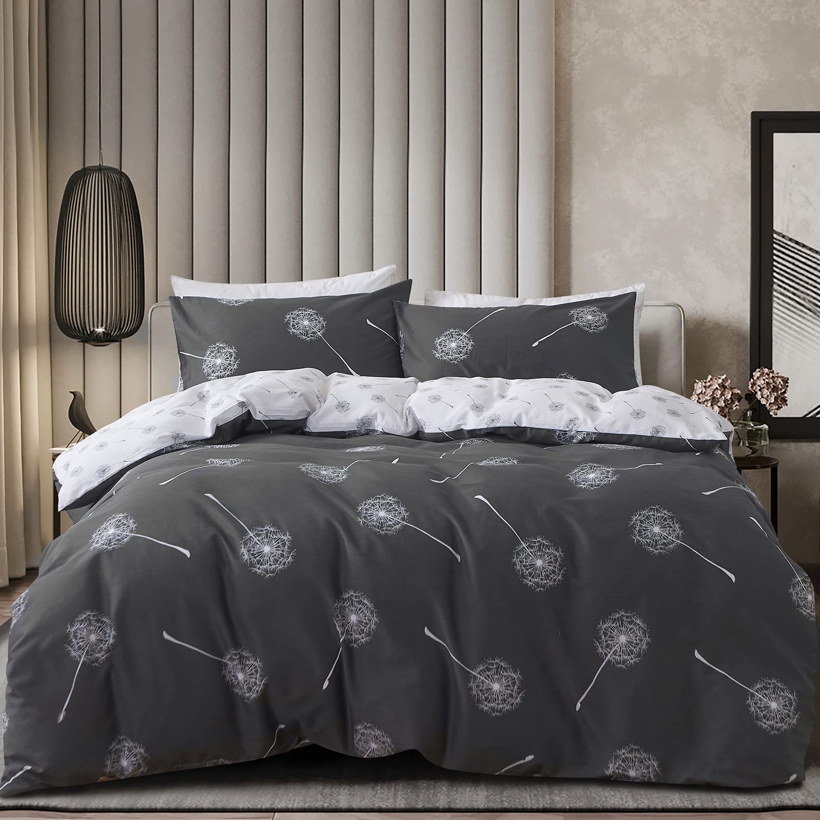 KEAYOO Bettwäsche 135x200 Grau Weiß Wendebettwäsche Pusteblume Muster 100% Baumwolle für Sommer bis Winter Soft Touch mit Reißverschluss 4teilig Set