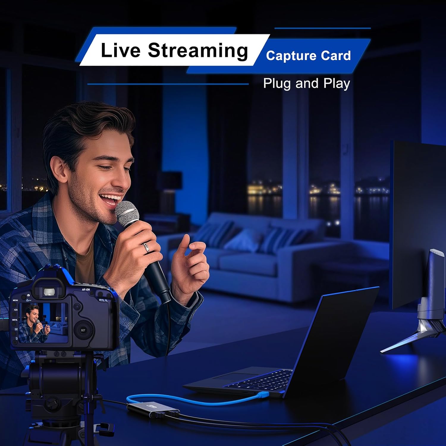 A person live streaming with a camera, microphone, laptop, and the Portta HDMI Video Capture Card, highlighting its use for content creation.