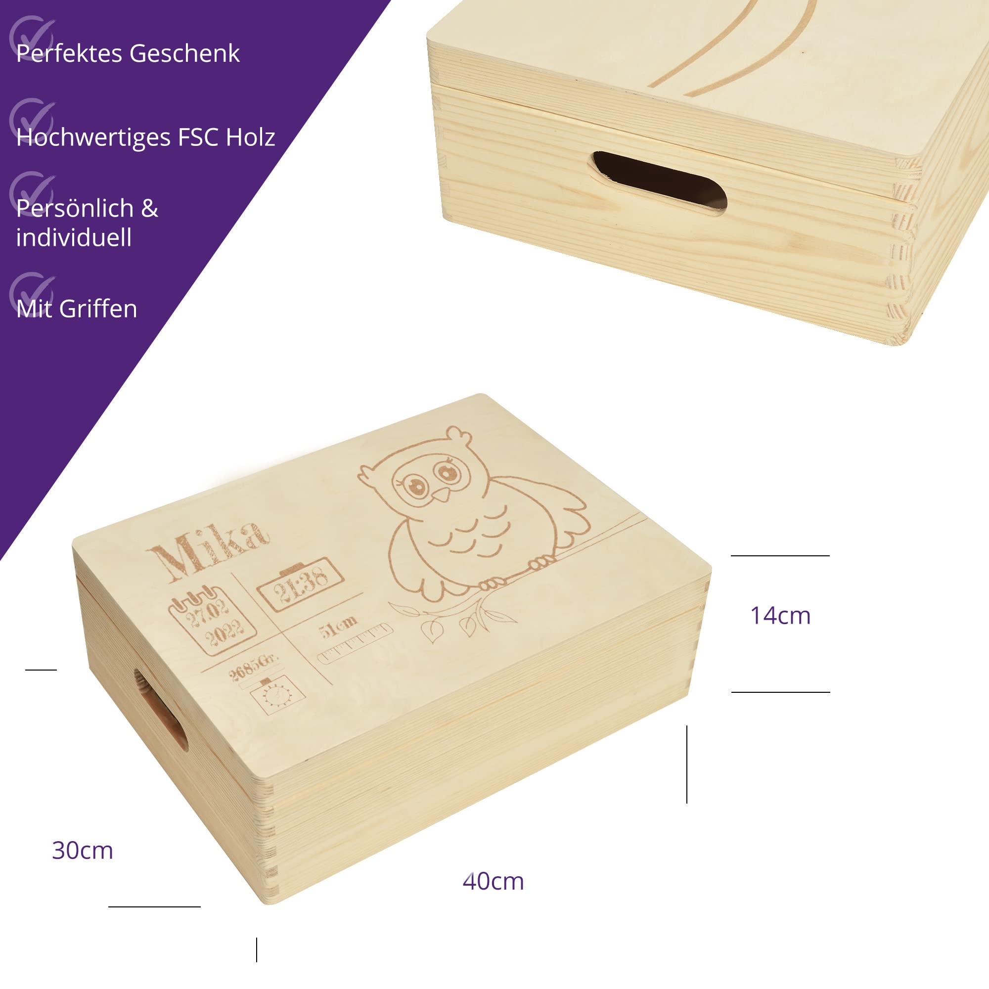 Scatola in legno personalizzata per nascita, gufo, 40 x 30 x 14 cm