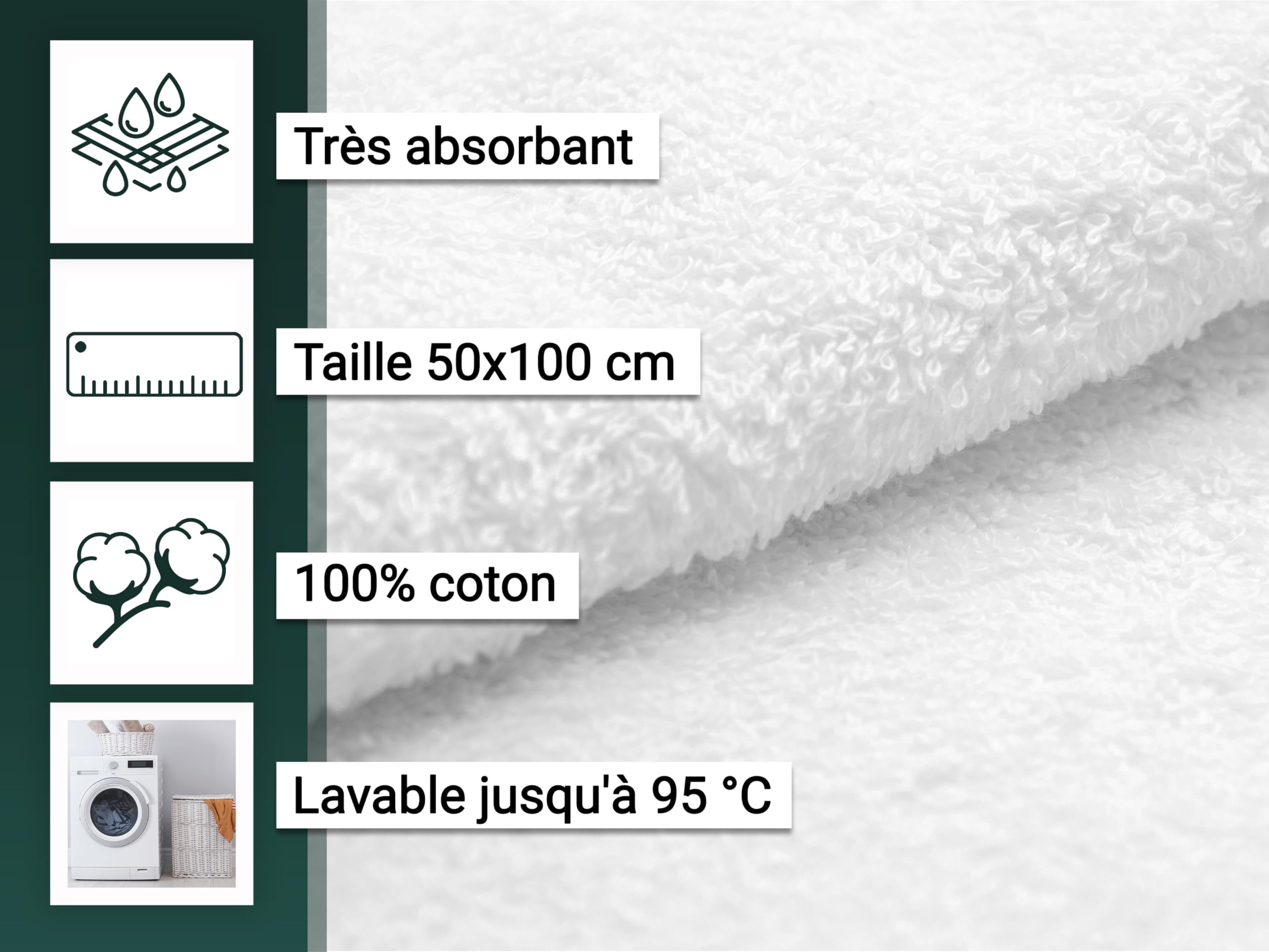 ZOLLNER Lot de 10 Serviettes 50x100 cm - Serviettes en Coton moelleuses et très absorbantes, Couleur Blanche - avec Crochet Pratique - Lavables jusqu'à 95 °C - Coton - Qualité hôtelière
