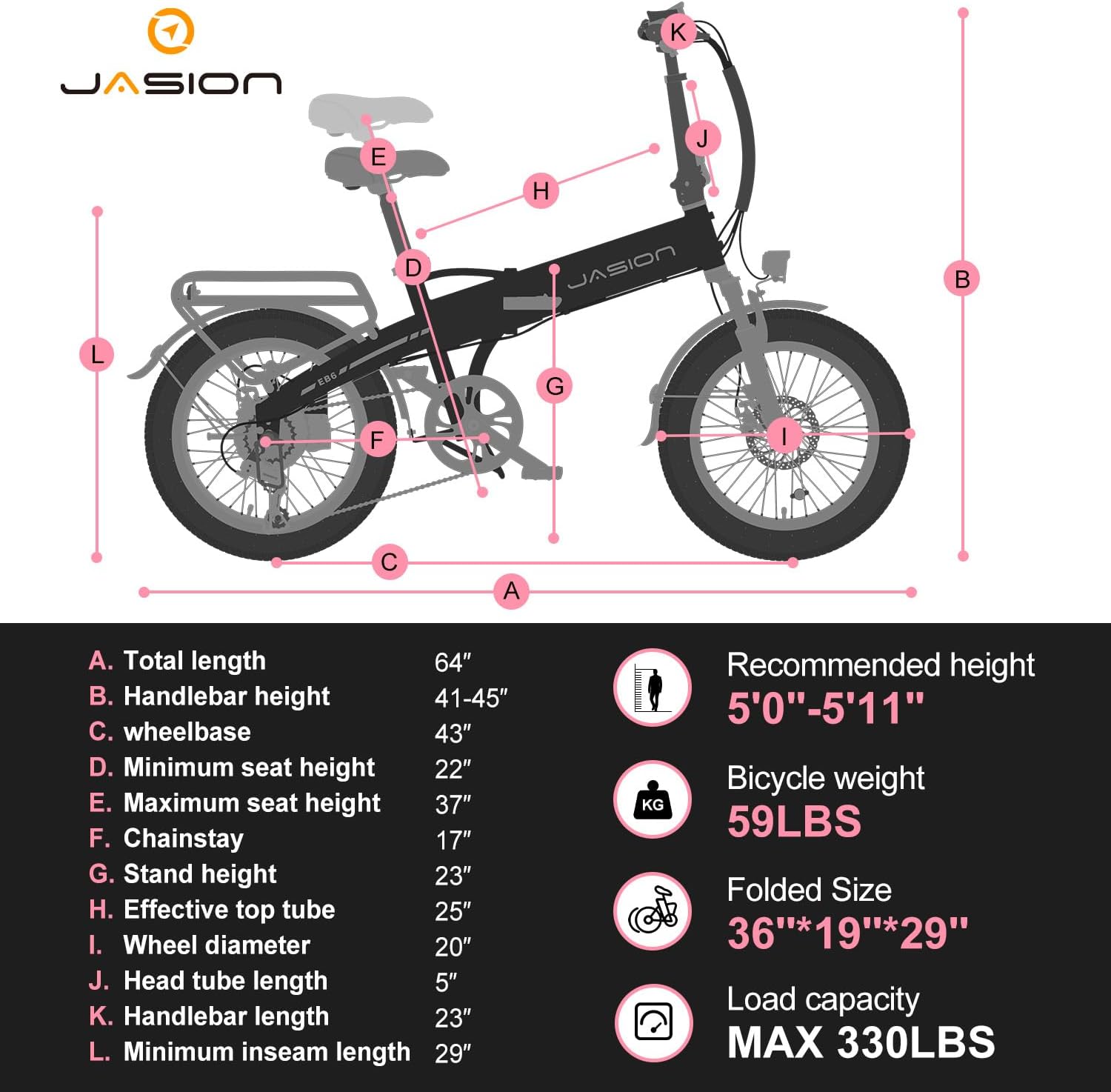 Jasion EB6 Foldable Electric Bike for Adults,【1200W Peak Motor, 25 MPH, 50 Miles Range】 20" Fat Tire Ebike with 48V Built-in Battery, Lightweight Aluminum Frame E Bike for Commuting, Off-Road, Travel