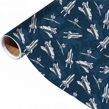 Pineraap Spaceship Wrapping Paper Roll, Rocket Themed Gift Wrap, Dark Blue Outer Space Spaceship Design for Birthday, Space Themed Party, Astronaut Lovers, DIY Craft, 17 Inch x 16.4 Feet