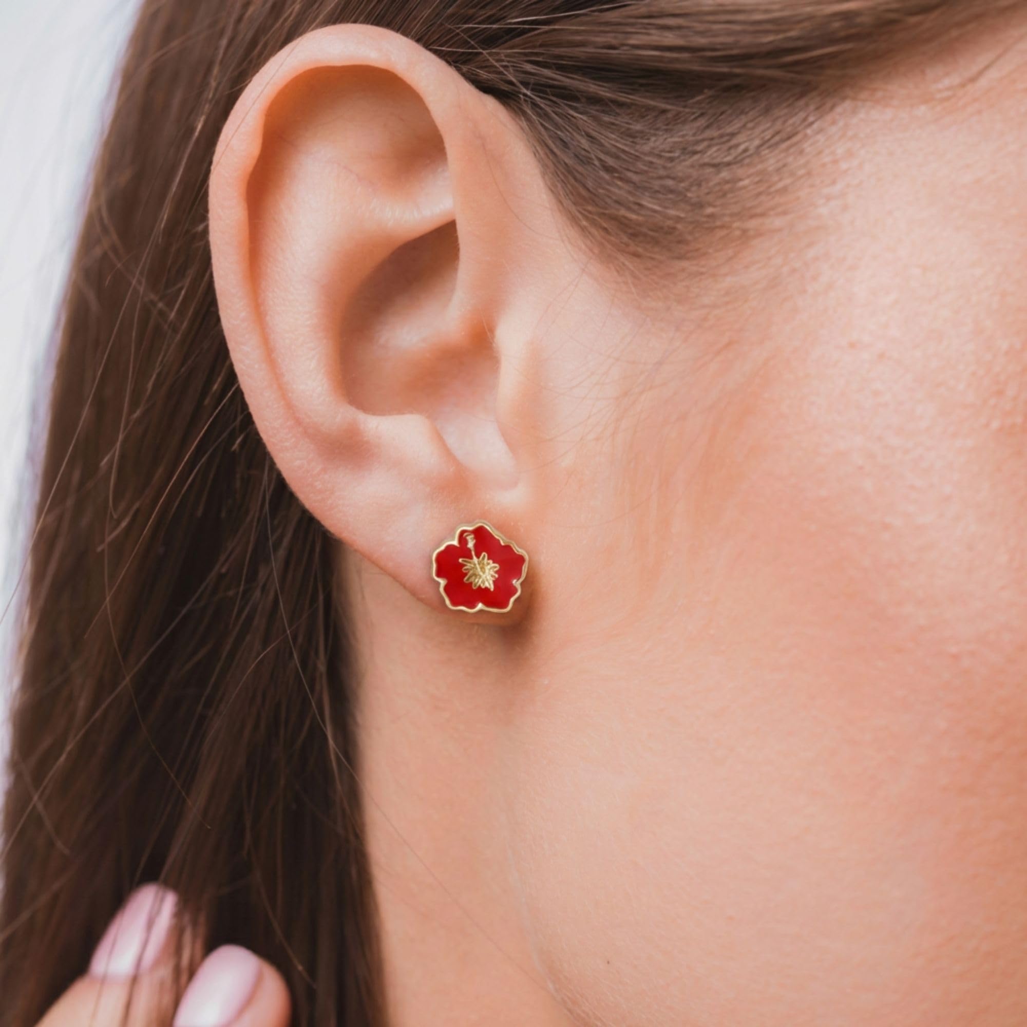 Set Orecchini a Cerchio Disney Lilo e Stitch - Orecchini Pendenti in Ottone con Fiori di Ibisco Smaltati e Cuciture - Licenza ufficiale