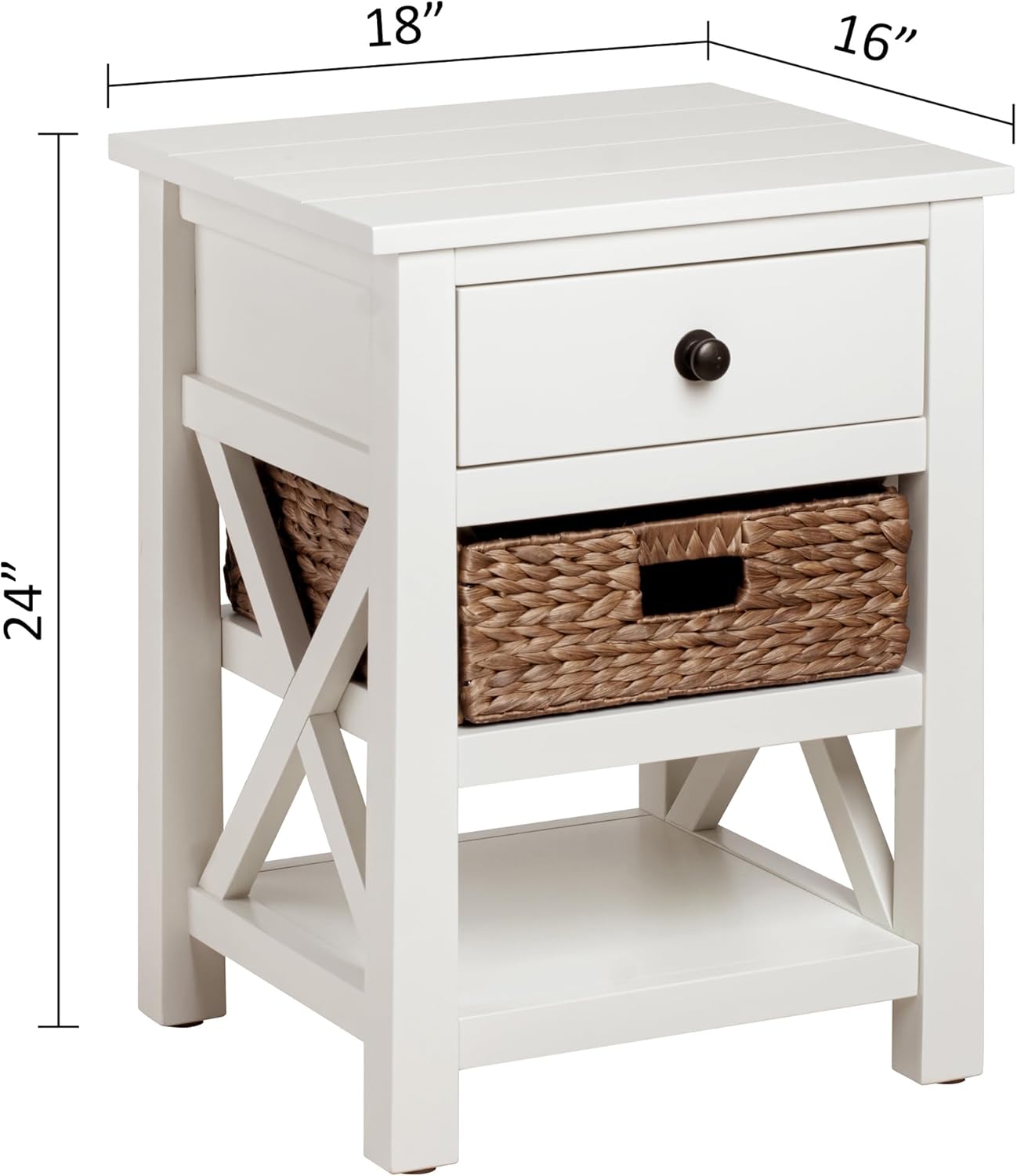 eHemco X-Side Nightstand End Table Side Table with Drawer, 2 Storage Shelves and Wicker Basket, White