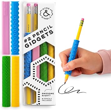 Gyre & Gimble Gidgets for #2 Pencils | Textured Silicone Pencil Sleeve for Quiet & Calm Fidgeting | 4 Sleeves & 2 Pencils | ADHD Sensory Tool for Kids & Adults