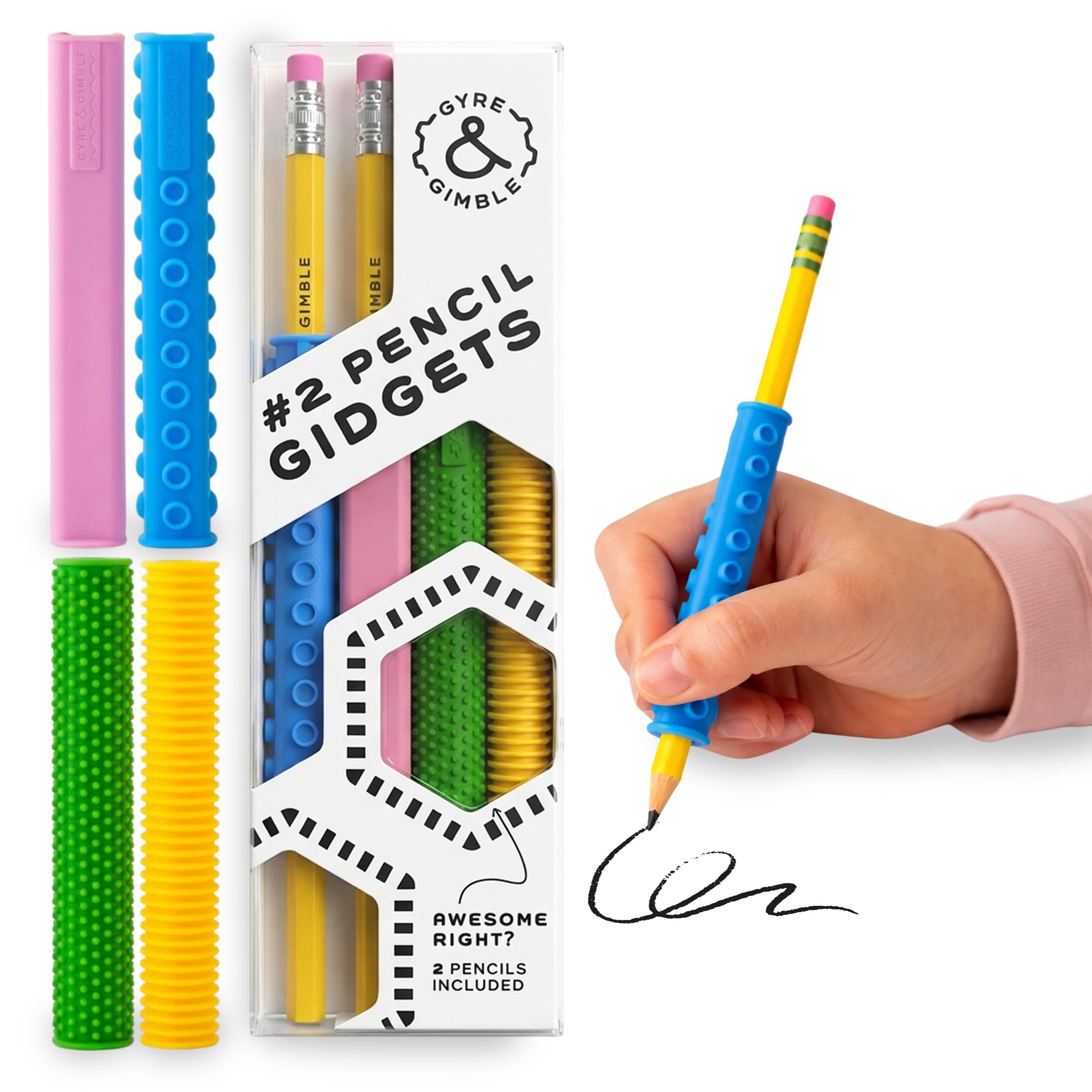 Gyre & Gimble Gidgets for #2 Pencils | Textured Silicone Pencil Sleeve for Quiet & Calm Fidgeting | 4 Sleeves & 2 Pencils | ADHD Sensory Tool for Kids & Adults