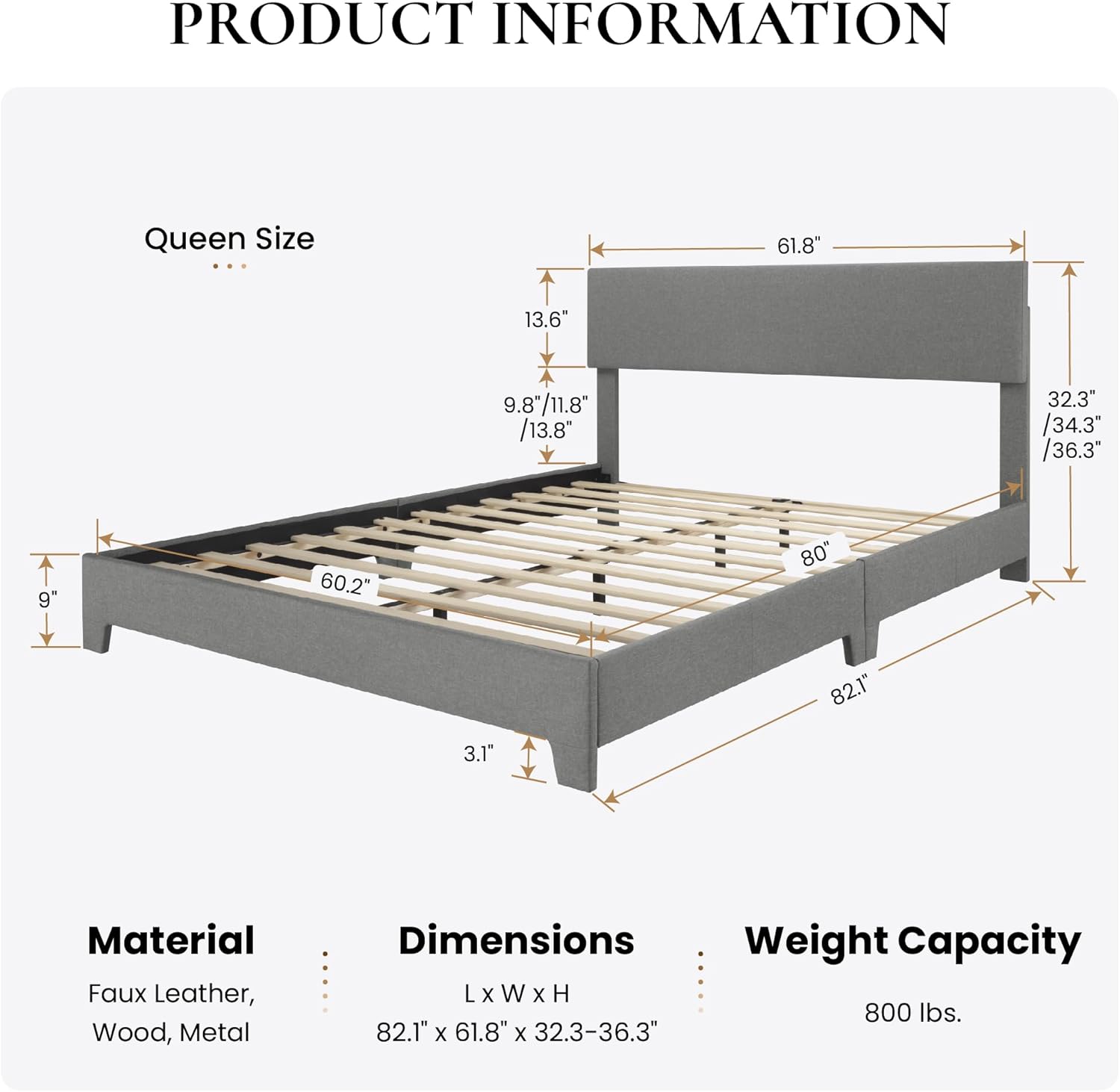 SHA CERLIN Queen Size Platform Bed Frame with Clean Line Fabric & Adjustable Headboard, Wood Slats Support, No Box Spring Needed, Easy Assembly, Light Grey