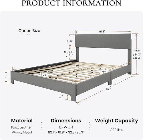 Miniatura 41 de SHA CERLIN Base de cama tapizada de tamaño matrimonial con cabecera ajustable, base de colchón estable, soporte de respaldo fuerte, no necesita