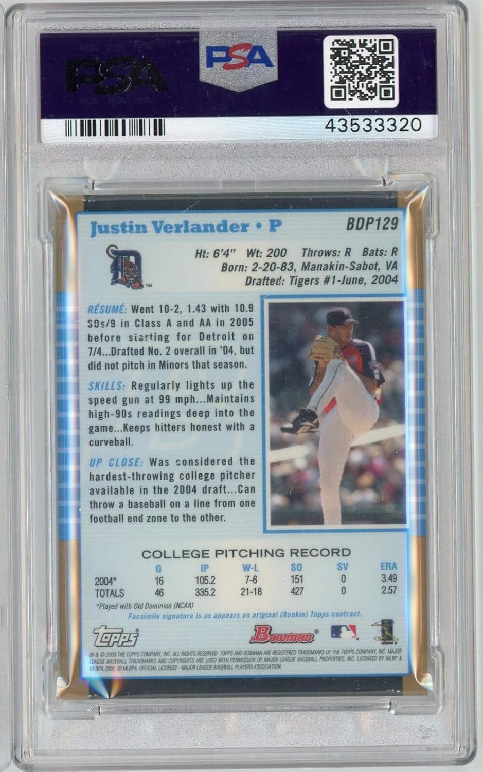 Graded 2005 Bowman Draft Picks Gold Justin Verlander #BDP129 Rookie RC Baseball Card PSA 9 Mint