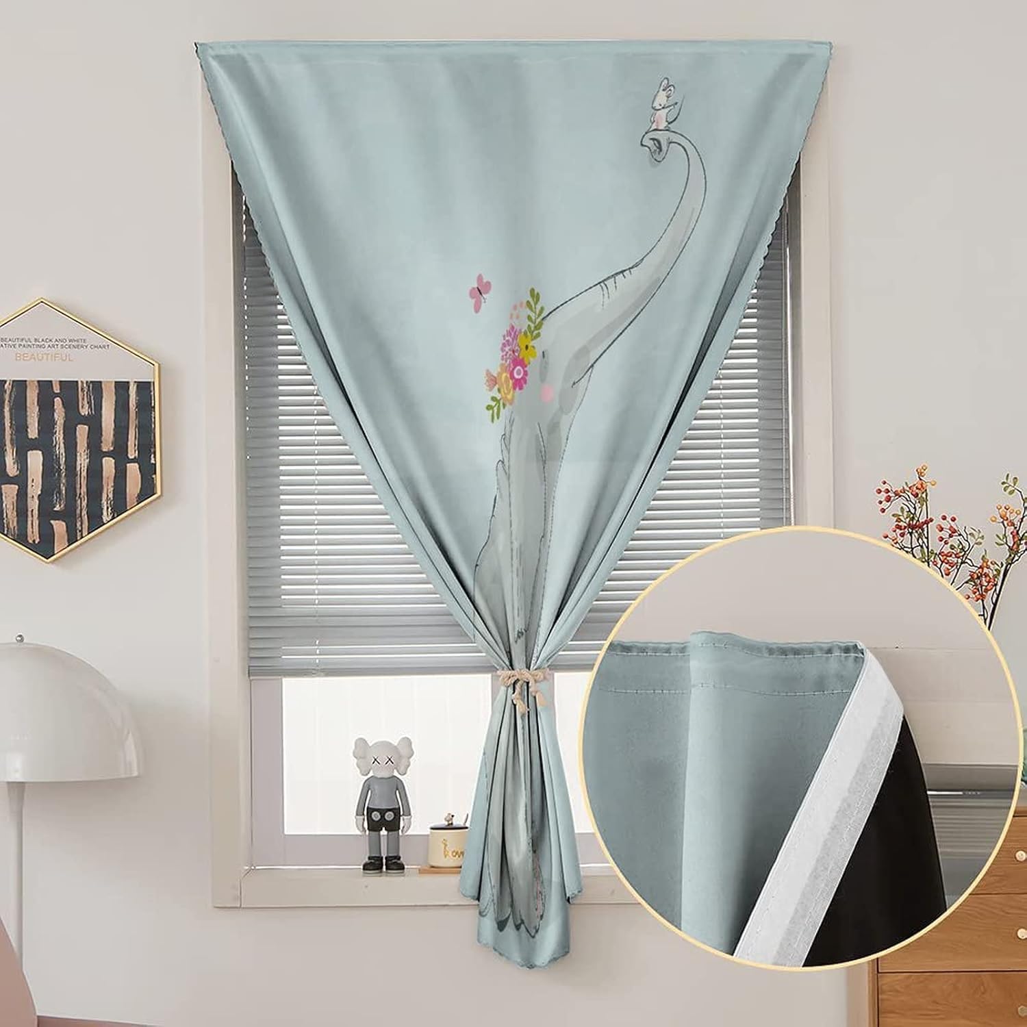Autohesion Curtains, Nursery Window Curtain Panel, Elephant Little Mouse Friendship Fun Art Hand Drawn Print Thermal Lnsulated Room Darkening Small Drapes,59W x72L Inches, for Kitchen Bathroom