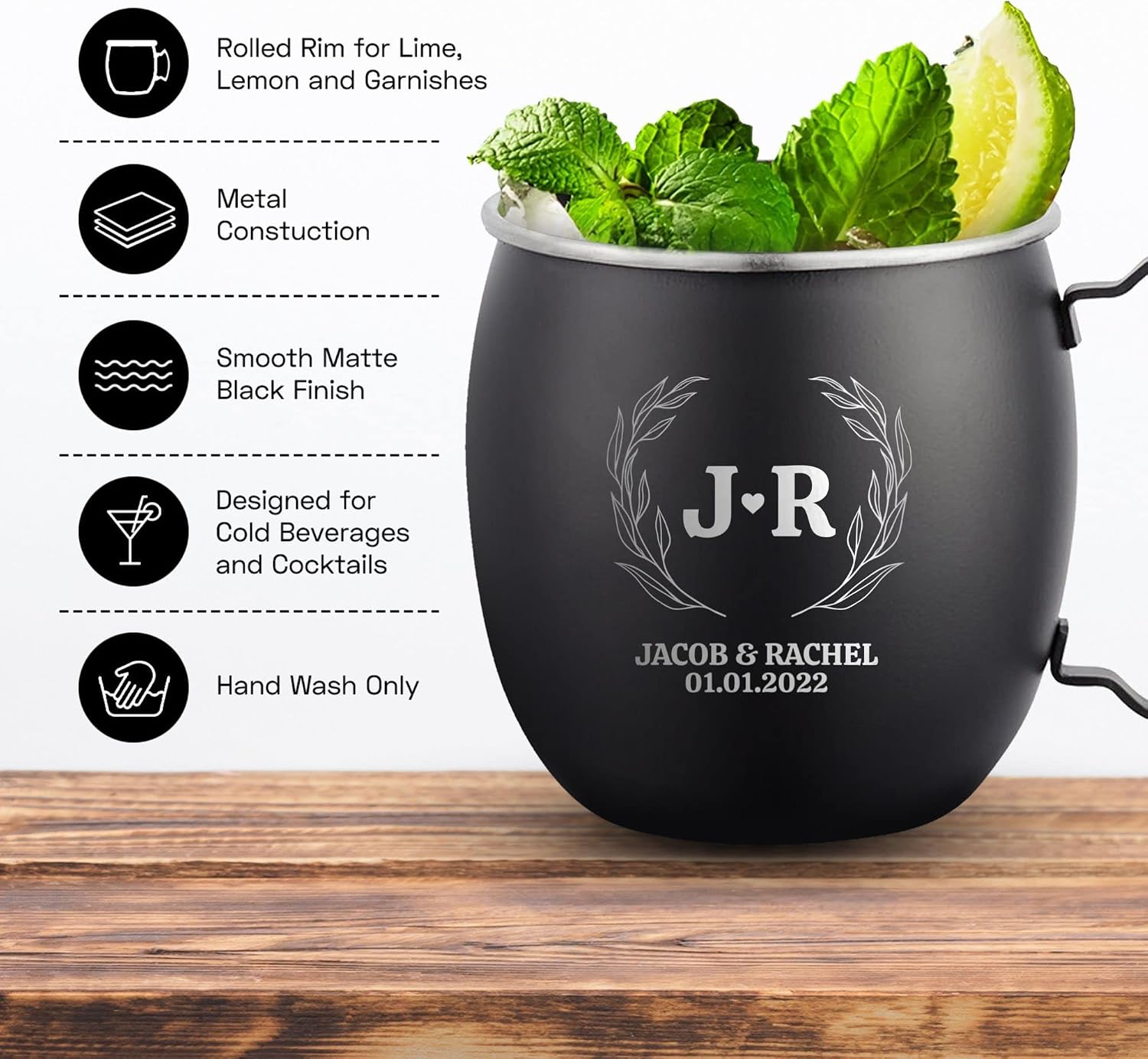 Personalized Custom Moscow Mule Mugs Smooth Black Finish Deep Engraved Bar Style Cup with Wedding Leaf and Heart Monogram Letter Name Engraving, 16 oz | Set of 4