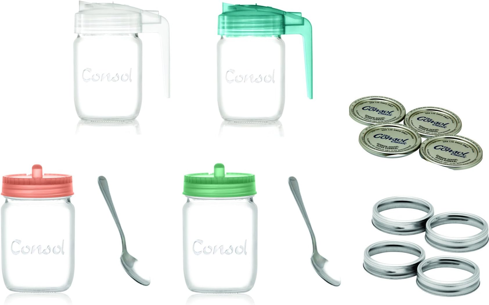 Consol Multipurpose 8 oz Glass Mason Jar Set. 4pc Set Comes With Standard Wide Mouth Dome Ring Lids, 2 Non Drip Pouring Lids & 2 Sugar Bowl Lids With Tea Spoon. (8oz)