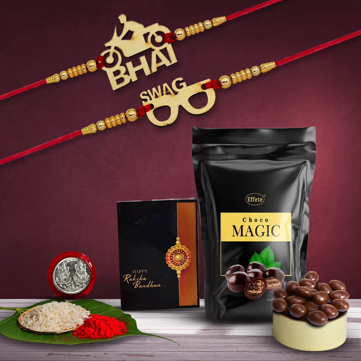 Periapt Multicolor Bracelet/ Rakhi (K2_915+916_SP) & Effete Chocolate Magic 32gm with Silver Color Pooja Coin, Roli Chawal & Greeting Card | Occasion | Rakhi for brother with gift | bracelets for men stylish |rakhi combo for brother | Set of 2 Rakhi | Rakhi Chocolate Gift combo|-image-34