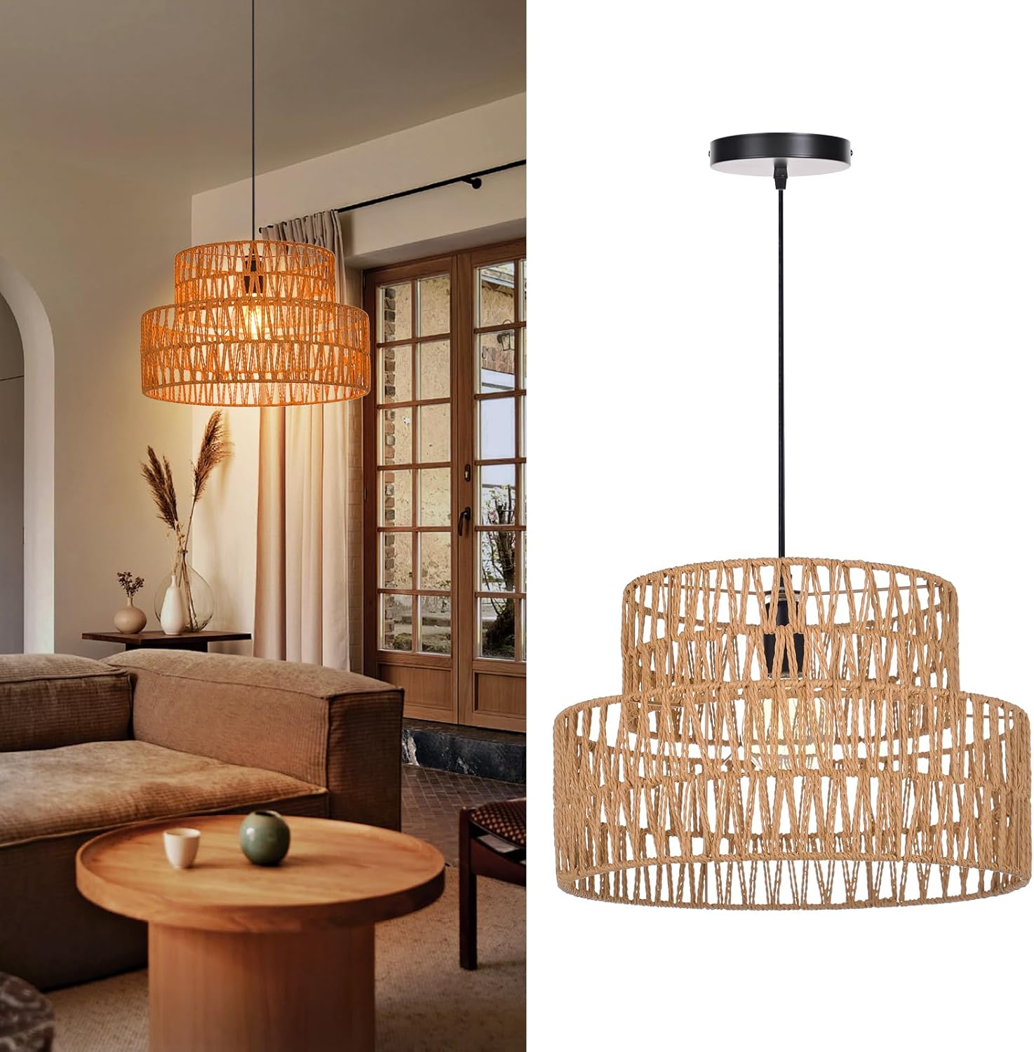 Arturesthome Coastal Woven Pendant Light Fixture 1 Light Adjustable Rattan Pendant Lighting for Kitchen Island Sink Dining Room D 15.7"*9.8"