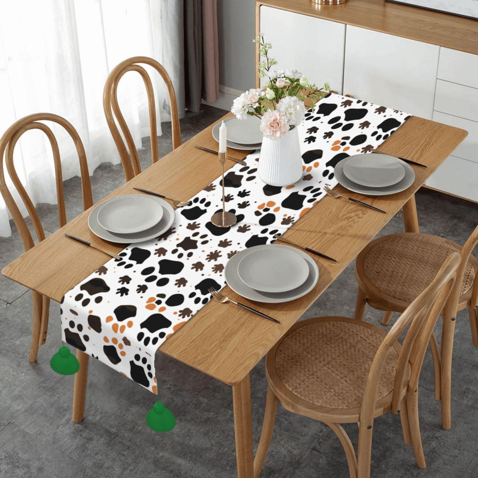 Long chemin de table décoratif lavable à motif de pattes pour table de ferme