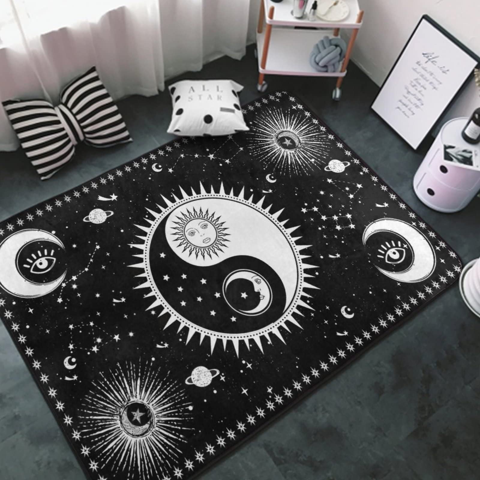 Area Rug Premium Anti Slip Floorcover Mat Black and White Sun and Moon Aesthetic Galaxy Space with Stars Mystic Pattern Indoor Carpet Multipurpose Perfect for Bedroom, Play Room, Nursery, Office