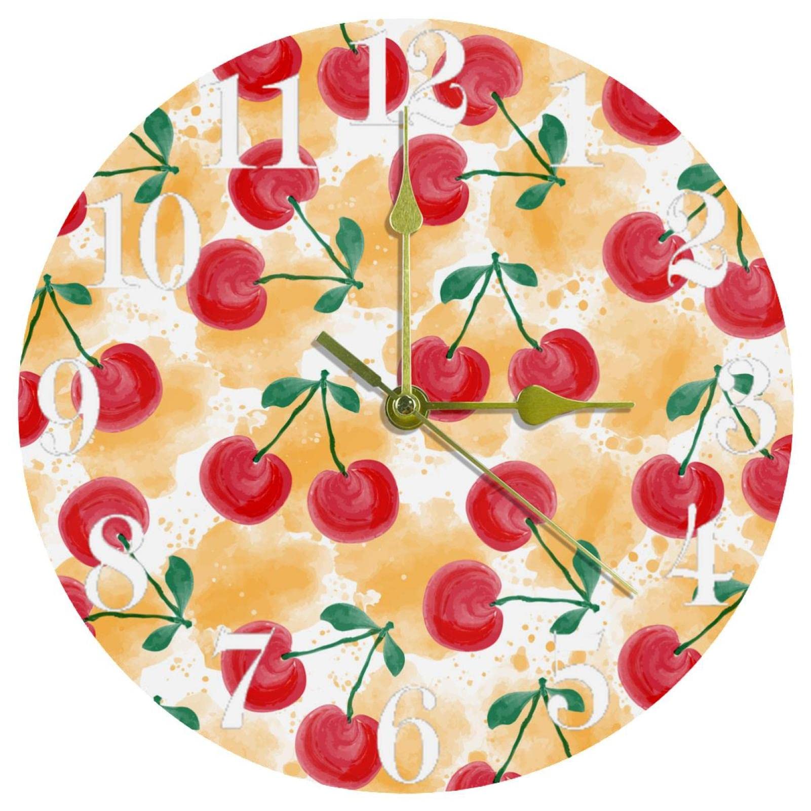 Horloge murale ronde à quartz 25cm sans tic-tac à pile motif cerises